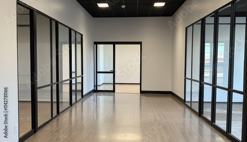 Modern Office Space Interior with Glass Walls and Natural Light Ideal for Collaboration and Productivity in a Professional Environment