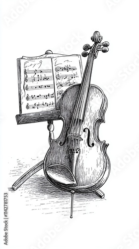 Hand-drawn engraving of a violin leaning against a music stand.