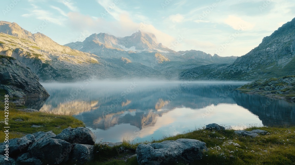 Obraz premium Majestic mountain landscape with tranquil lake and morning mist reflecting the scenery