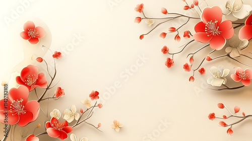 Red and white blossoms on elegant branches against a beige background