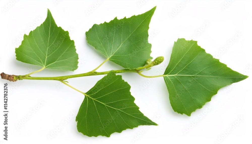 Poplar branch with vibrant green leaves, creating a fresh and natural aesthetic against a clean white backdrop Poplar branch with vibrant green leaves, creating a fresh and natural aesthetic against a clean white backdrop