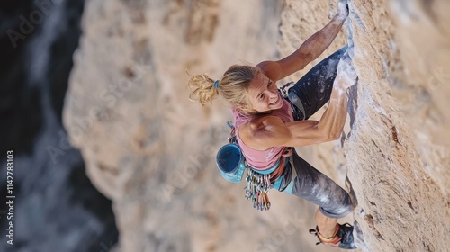 Climber ascends steep rock face in Yosemite National Park during bright sunny day photo