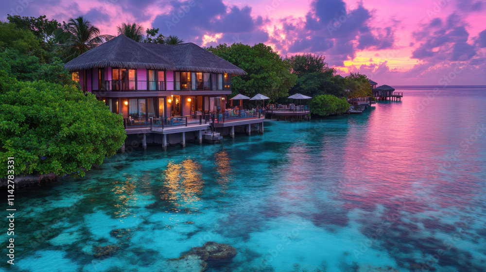 Luxurious overwater villas at sunset, surrounded by vibrant tropical waters and lush greenery, create serene and picturesque escape Luxurious overwater villas at sunset, surrounded by vibrant tropical waters and lush greenery, create serene and picturesque escape