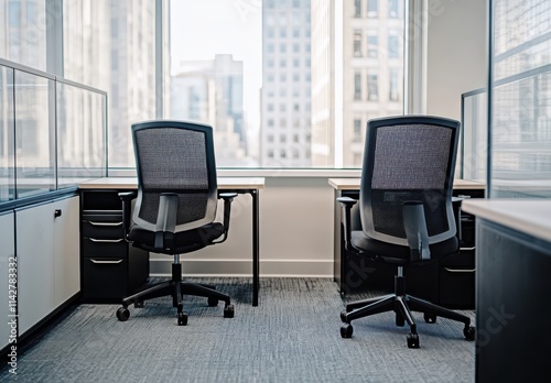 Modern office workspace with two empty black ergonomic chairs and minimalistic desks against large windows showcasing a cityscape background.