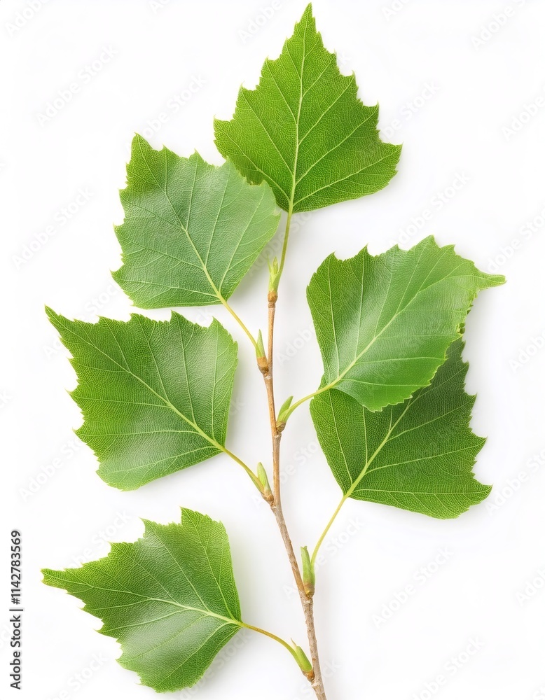 Silver birch branch displaying verdant leaves, spreading natural freshness against pristine white background Silver birch branch displaying verdant leaves, spreading natural freshness against pristine white background