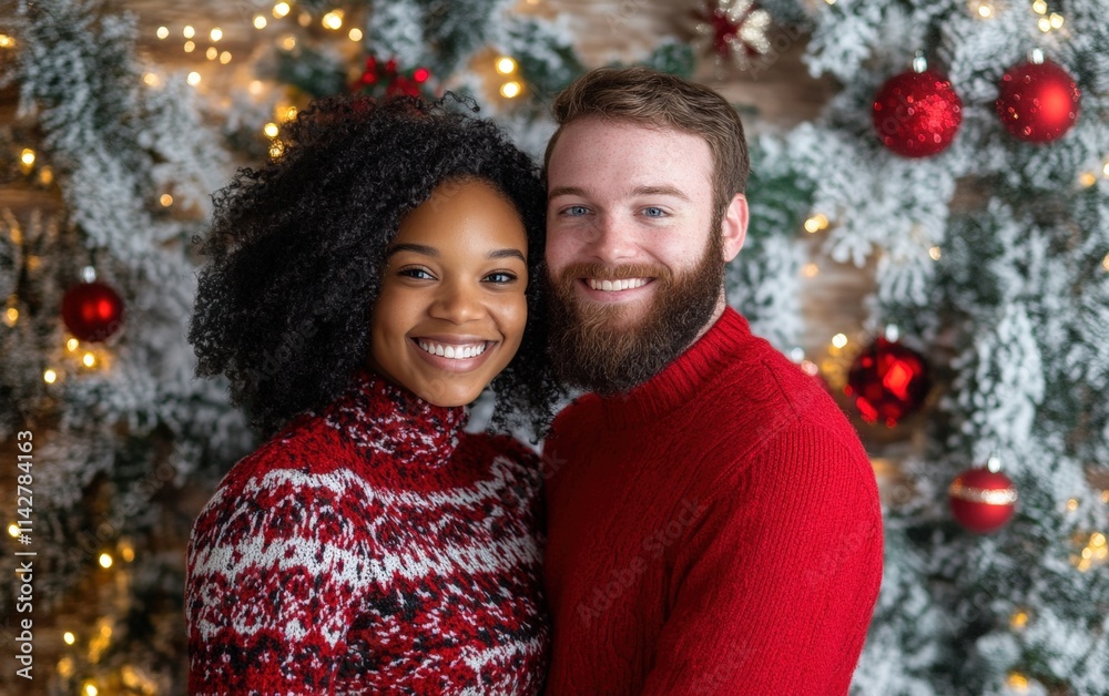 Festive couple smiling and posing with holiday lights and Christmas decorations on a snowy backdrop Festive couple smiling and posing with holiday lights and Christmas decorations on a snowy backdrop