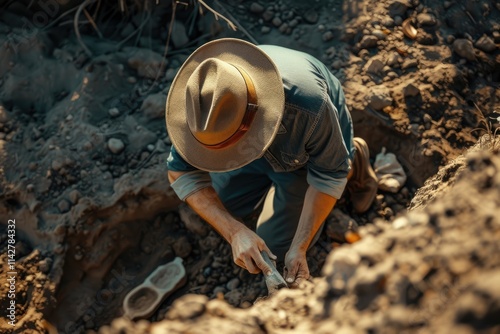 an adult male archaeologist in a hat conducts archaeological excavations, a scientific research expedition, an old ruined city, the ruins of a stone fortress