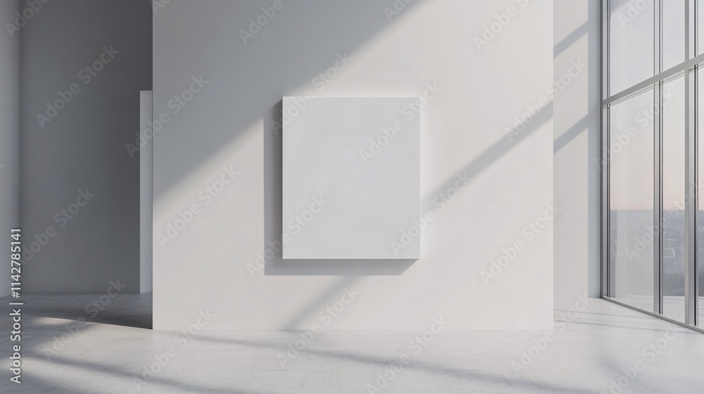 Minimalist white square canvas in a bright modern gallery with large windows. Minimalist white square canvas in a bright modern gallery with large windows.