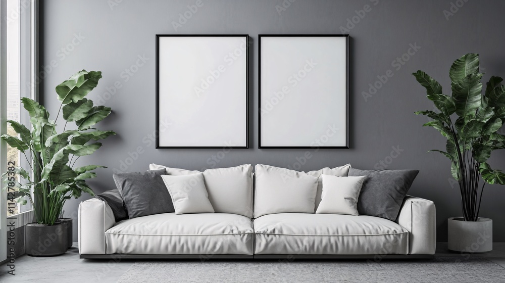 A modern light grey sectional sofa adorned with plush pillows, flanked by tall green plants against a minimalist wall. A modern light grey sectional sofa adorned with plush pillows, flanked by tall green plants against a minimalist wall.