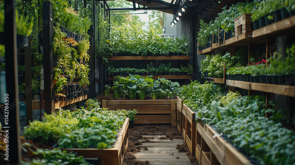 Lush indoor garden filled with various plants and herbs in an urban greenhouse setting during the day Lush indoor garden filled with various plants and herbs in an urban greenhouse setting during the day