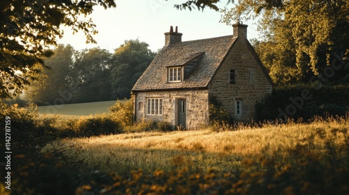 Charming cottage in the countryside surrounded by lush green fields and trees during golden hour