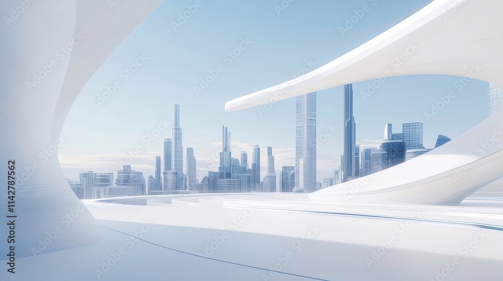 Futuristic city skyline viewed through modern white architecture.