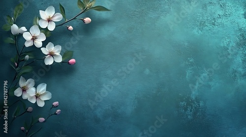 White Blossoms Branching Against Teal Background
