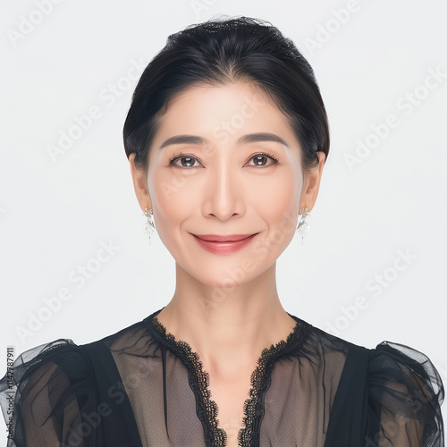 Portrait of a middle-aged Asian woman in a black blouse