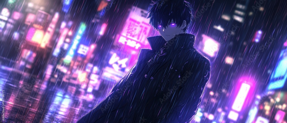 Fototapeta premium Dark figure in rain-soaked alley surrounded by neon lights at night in an urban setting