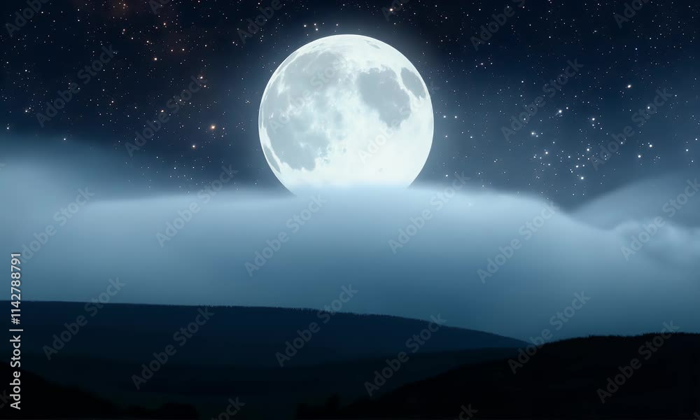 Full Moon Over Mountains and a Starry Night Sky - A Nighttime Landscape with Clouds and Mountains Full Moon Over Mountains and a Starry Night Sky - A Nighttime Landscape with Clouds and Mountains