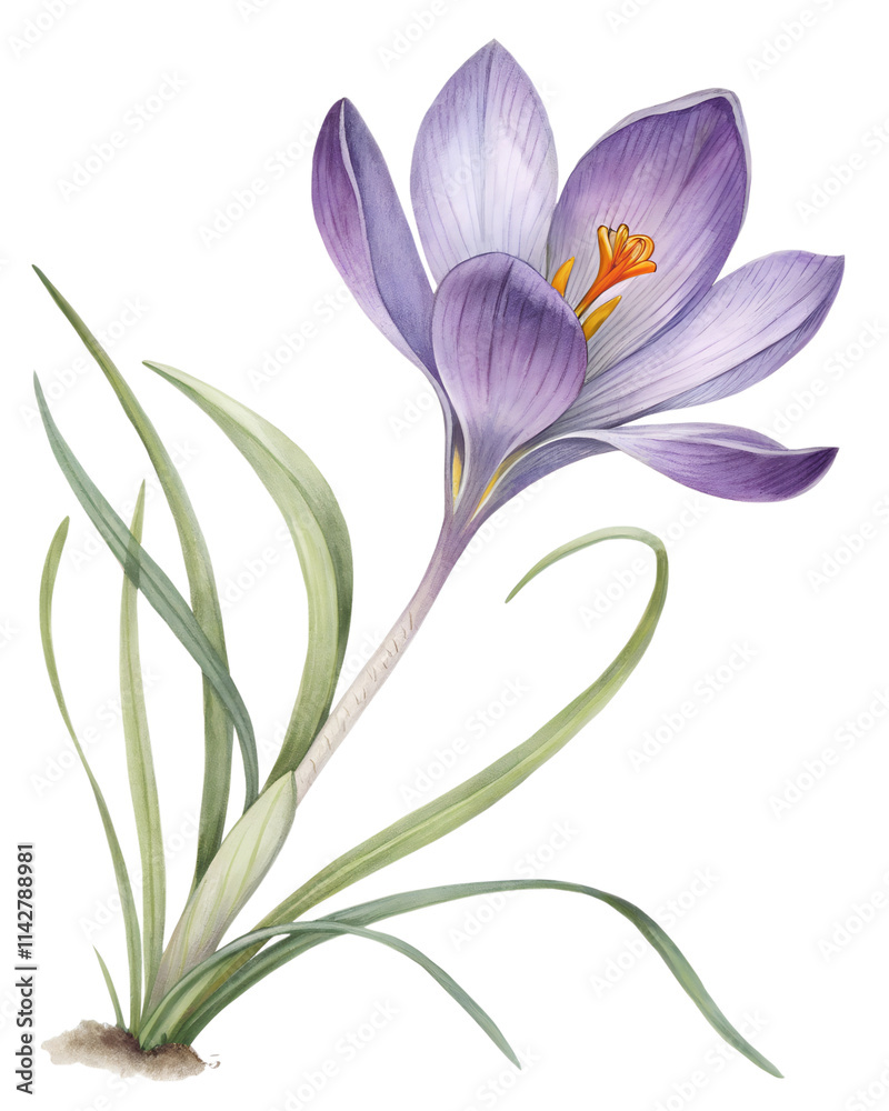 A single purple crocus flower with slender petals and a bright yellow-orange center A single purple crocus flower with slender petals and a bright yellow-orange center