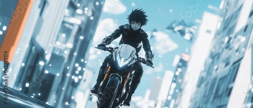 Dynamic anime character riding a futuristic motorcycle through a vibrant cityscape at night photo