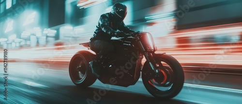 Dynamic anime character riding a futuristic motorcycle through a vibrant cityscape at night photo