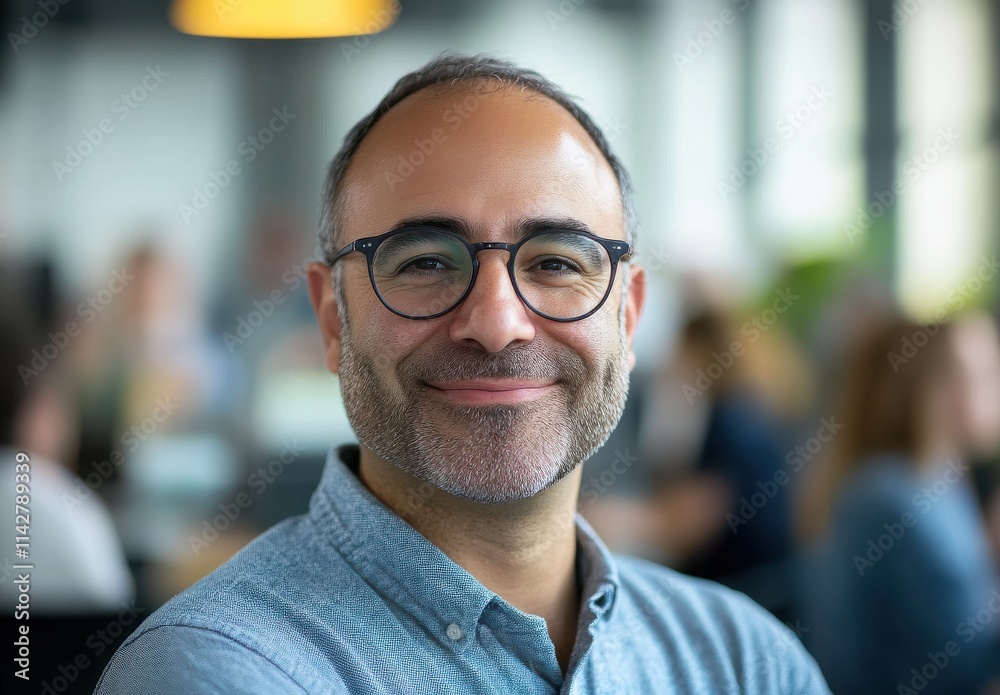 Smiling Middle-Eastern Man in Casual Blue Shirt with Glasses in Modern Office Environment Surrounded by Colleagues Engaged in Work Activities Smiling Middle-Eastern Man in Casual Blue Shirt with Glasses in Modern Office Environment Surrounded by Colleagues Engaged in Work Activities