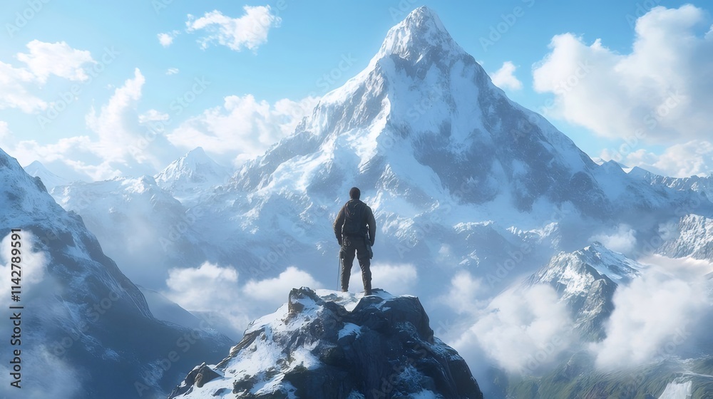 Man standing on mountain peak, overlooking snow-capped mountain range. Man standing on mountain peak, overlooking snow-capped mountain range.