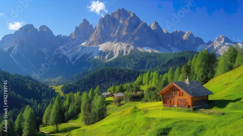 Mountain cabin nestled in a lush green valley, majestic peaks in the background.