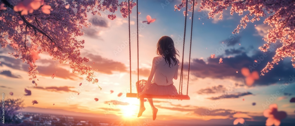 Fototapeta premium Girl on swing under cherry blossom trees during sunset with petals falling in a serene garden setting