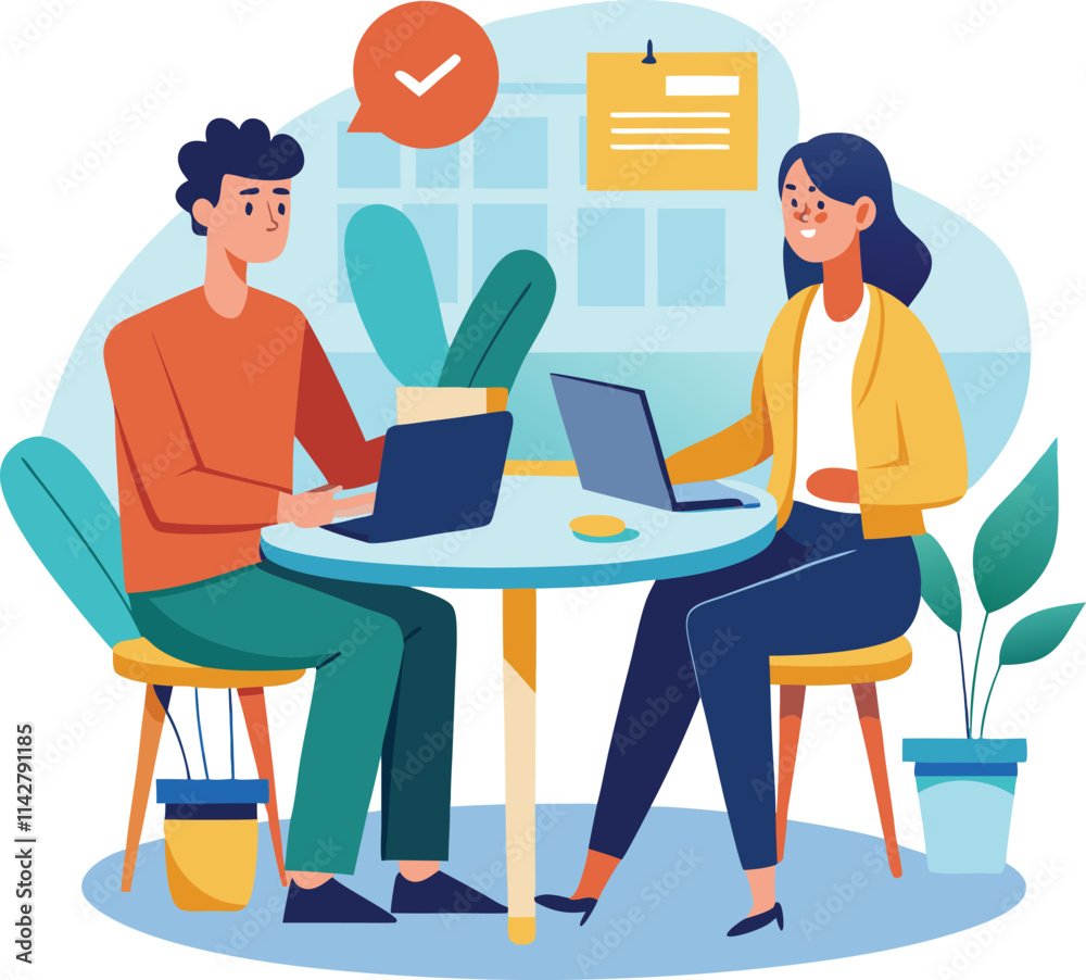Partners meeting for business discussion with documents and laptop on desk. Couple at round table, speaking, discussing work, partnership. Flat vector on a white background Partners meeting for business discussion with documents and laptop on desk. Couple at round table, speaking, discussing work, partnership. Flat vector on a white background