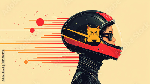 a racer girl with black leather outfit and a motorcycle helmet with black and red lines and yellow cat decal photo