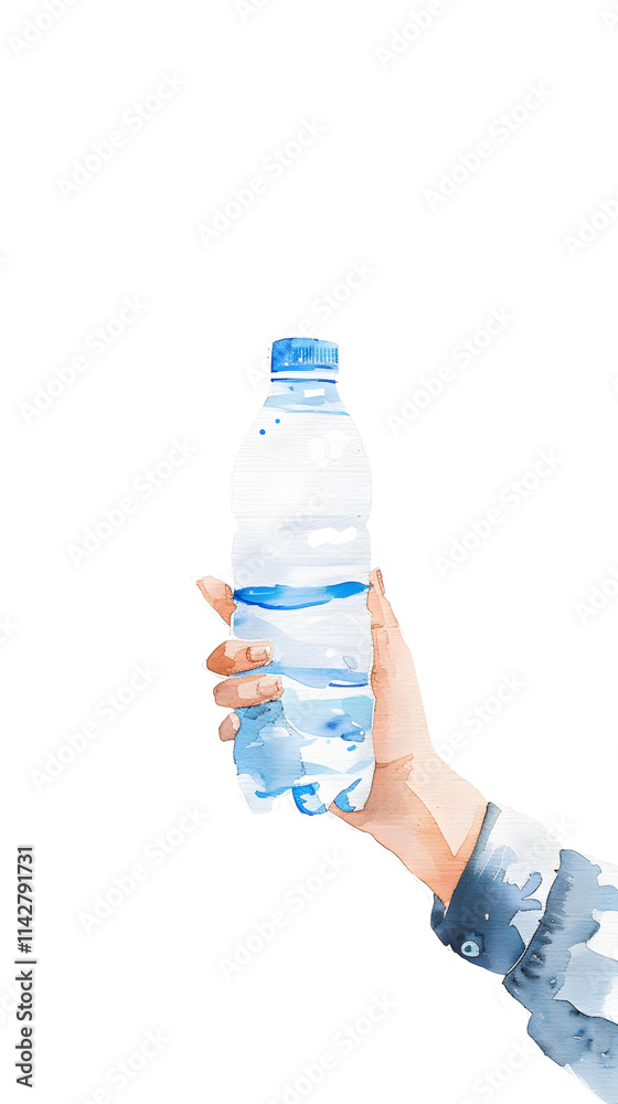 Hand holding plastic water bottle watercolor illustration isolated on white