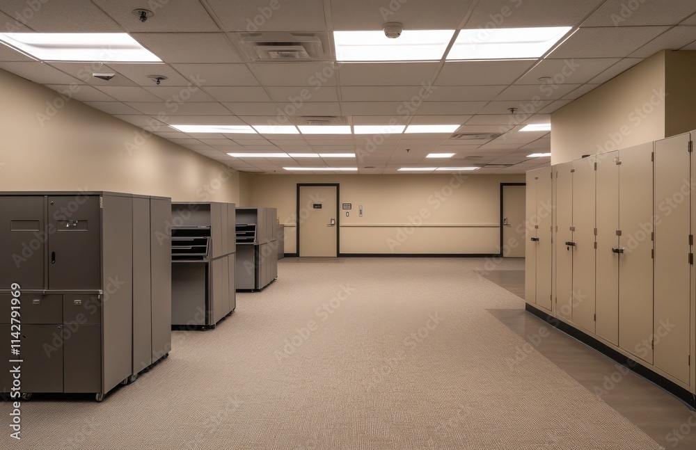 Spacious and Modern Office Break Room Interior with Cabinets, Soft Lighting, and Clean Design Perfect for Corporate Workplace Settings and Collaborative Spaces Spacious and Modern Office Break Room Interior with Cabinets, Soft Lighting, and Clean Design Perfect for Corporate Workplace Settings and Collaborative Spaces