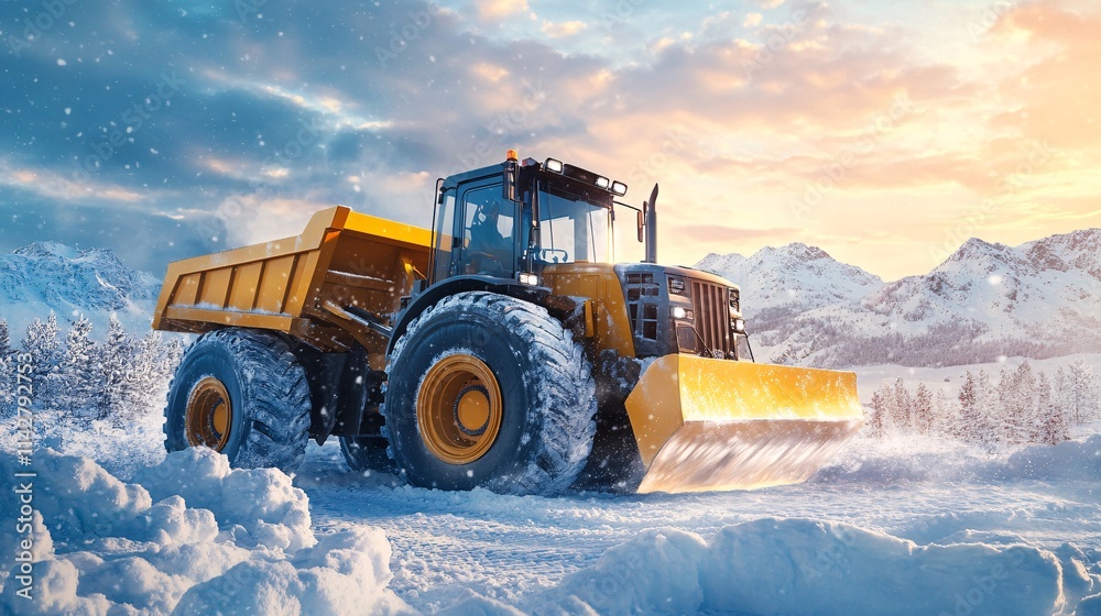 A powerful yellow dumper truck navigating through deep snow in a winter landscape, showcasing resilience and rugged machinery. A powerful yellow dumper truck navigating through deep snow in a winter landscape, showcasing resilience and rugged machinery.