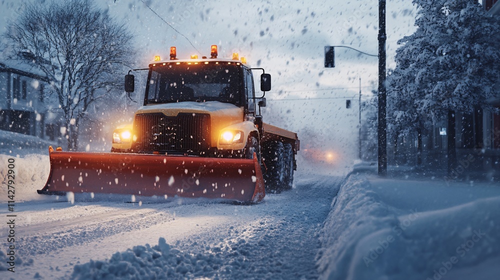 A snowplow clears the road during a heavy snowfall, illuminating the scene with bright orange lights. A snowplow clears the road during a heavy snowfall, illuminating the scene with bright orange lights.