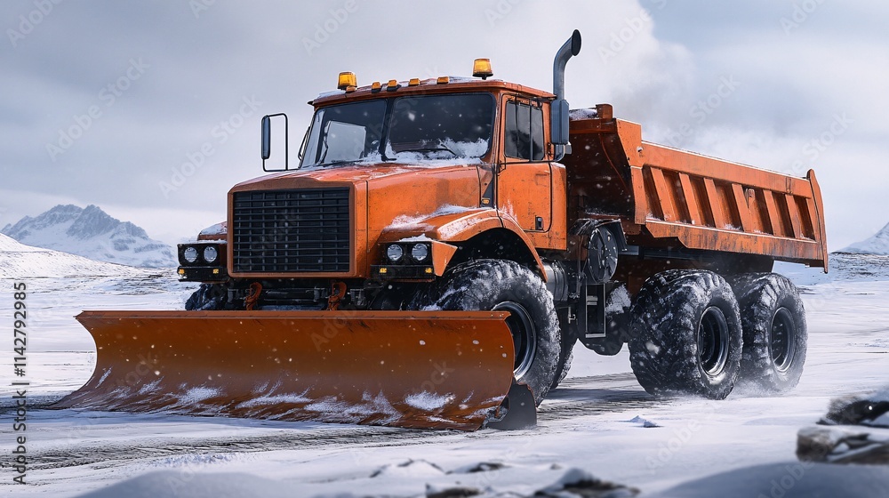 Heavy-duty orange snowplow truck clearing a snowy landscape with dramatic mountain backdrop. Heavy-duty orange snowplow truck clearing a snowy landscape with dramatic mountain backdrop.