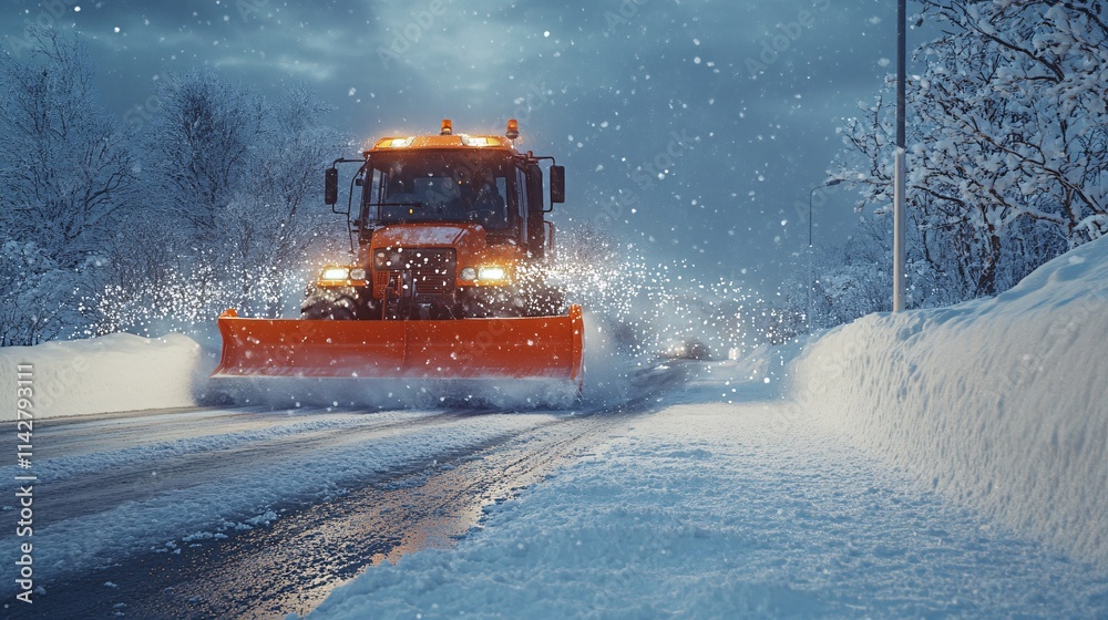 A snowplow clears a snow-covered road, enhancing winter safety with bright orange blades shimmering in the cold atmosphere. A snowplow clears a snow-covered road, enhancing winter safety with bright orange blades shimmering in the cold atmosphere.