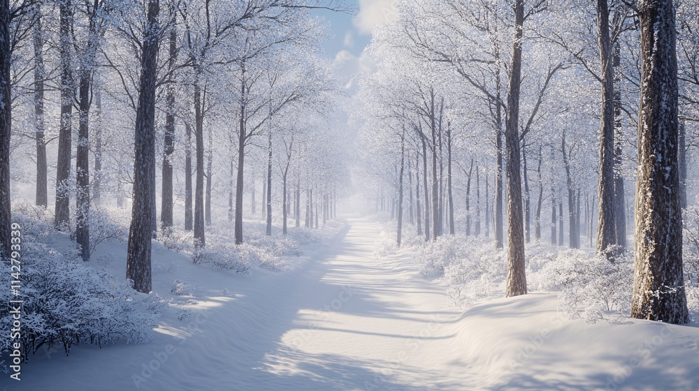 Snow-covered winter forest path with tall trees and bright blue sky. Snow-covered winter forest path with tall trees and bright blue sky.
