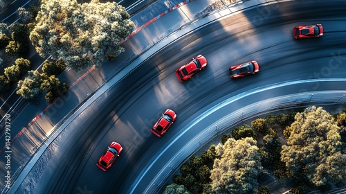 Wallpaper Mural Aerial view of six red sports cars drifting around a curved track, capturing speed and excitement. Torontodigital.ca