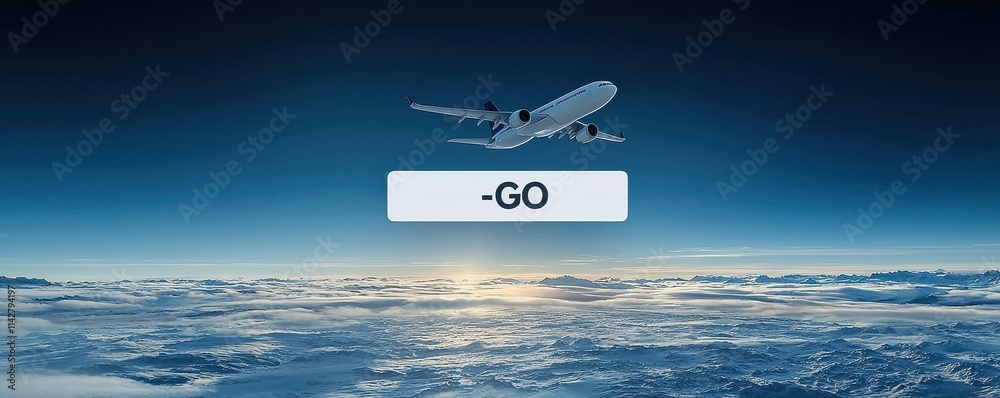 Fototapeta premium Airplane soaring above clouds with a simple search bar interface