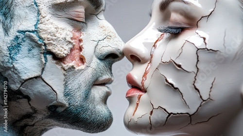 This striking artwork portrays two mannequin faces with cracked skin, symbolizing vulnerability and emotion through their intimate closeness in a surreal manner. photo