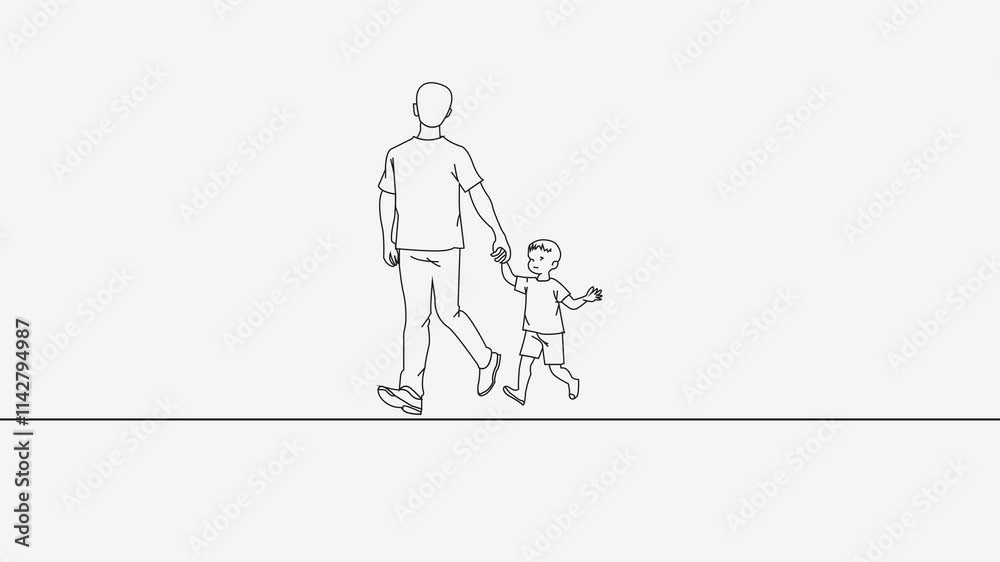 Line art animation of a dad and son strolling hand in hand in a continuous, single-line animation Line art animation of a dad and son strolling hand in hand in a continuous, single-line animation