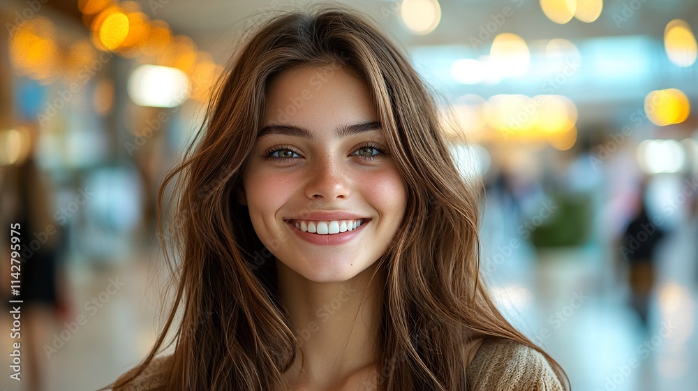 Obraz premium A young woman with long brown hair and a big smile is standing in front of a blurred background.