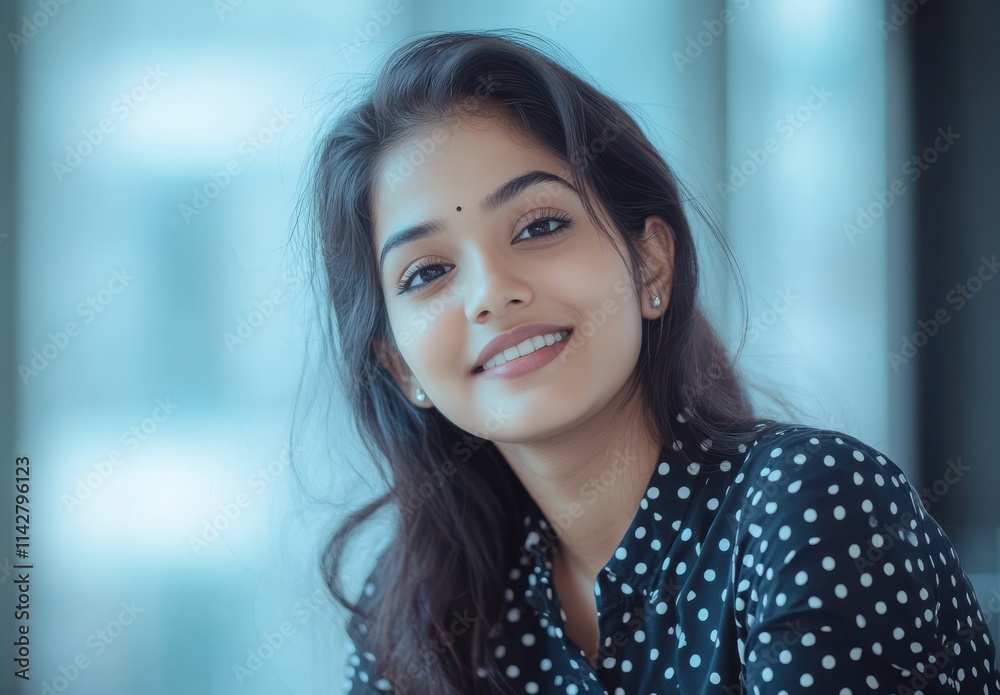 Young Woman with Dark Hair, Bright Smile, and Polka Dot Shirt in Indoor Setting, Showcases Warmth and Joy with Soft Natural Light and Blurry Background Young Woman with Dark Hair, Bright Smile, and Polka Dot Shirt in Indoor Setting, Showcases Warmth and Joy with Soft Natural Light and Blurry Background