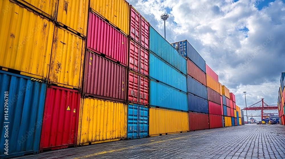 Fototapeta premium Colorful Stack of Stacked Shipping Containers at a Port.