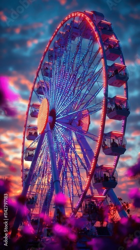 Colorful ferris wheel illuminated at sunset against a vibrant sky backdrop in a lively amusement park setting. Generative AI photo