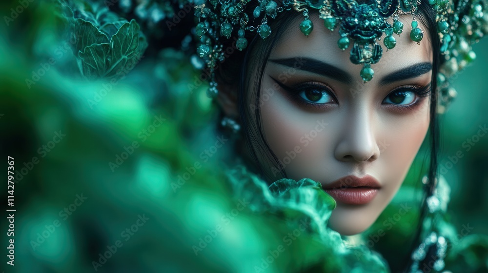A striking beauty shot of a girl adorned with a leafy crown, blending artistry and nature, her piercing gaze captivating viewers with an air of elegance and mystery. A striking beauty shot of a girl adorned with a leafy crown, blending artistry and nature, her piercing gaze captivating viewers with an air of elegance and mystery.