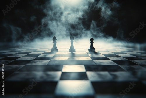 empty chess board with smoke float up on bright background photo