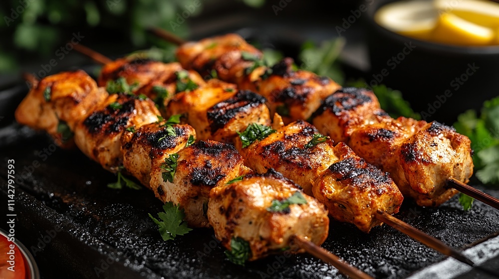 Chicken Skewers with a Charred and Well Seasoned Exterior. Chicken Skewers with a Charred and Well Seasoned Exterior.