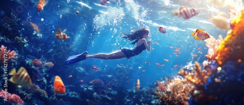 Diving in vibrant coral reef teeming with colorful fish and sunlight filtering through the ocean surface