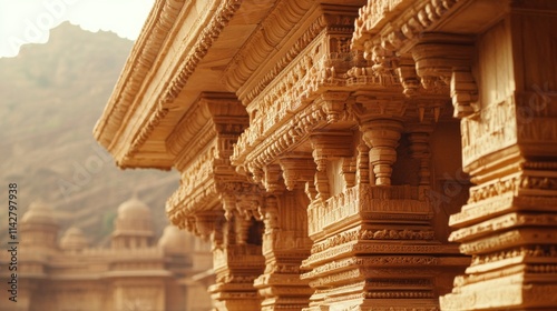 Intricate Carvings on Shrines Against Mountain Backdrop