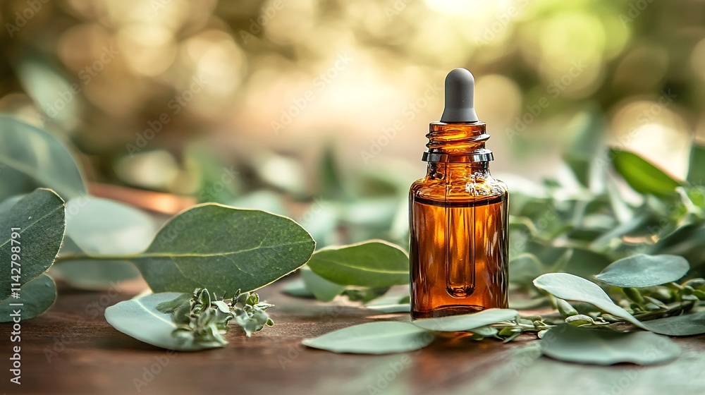 A bottle of essential oil surrounded by green leaves. A bottle of essential oil surrounded by green leaves.
